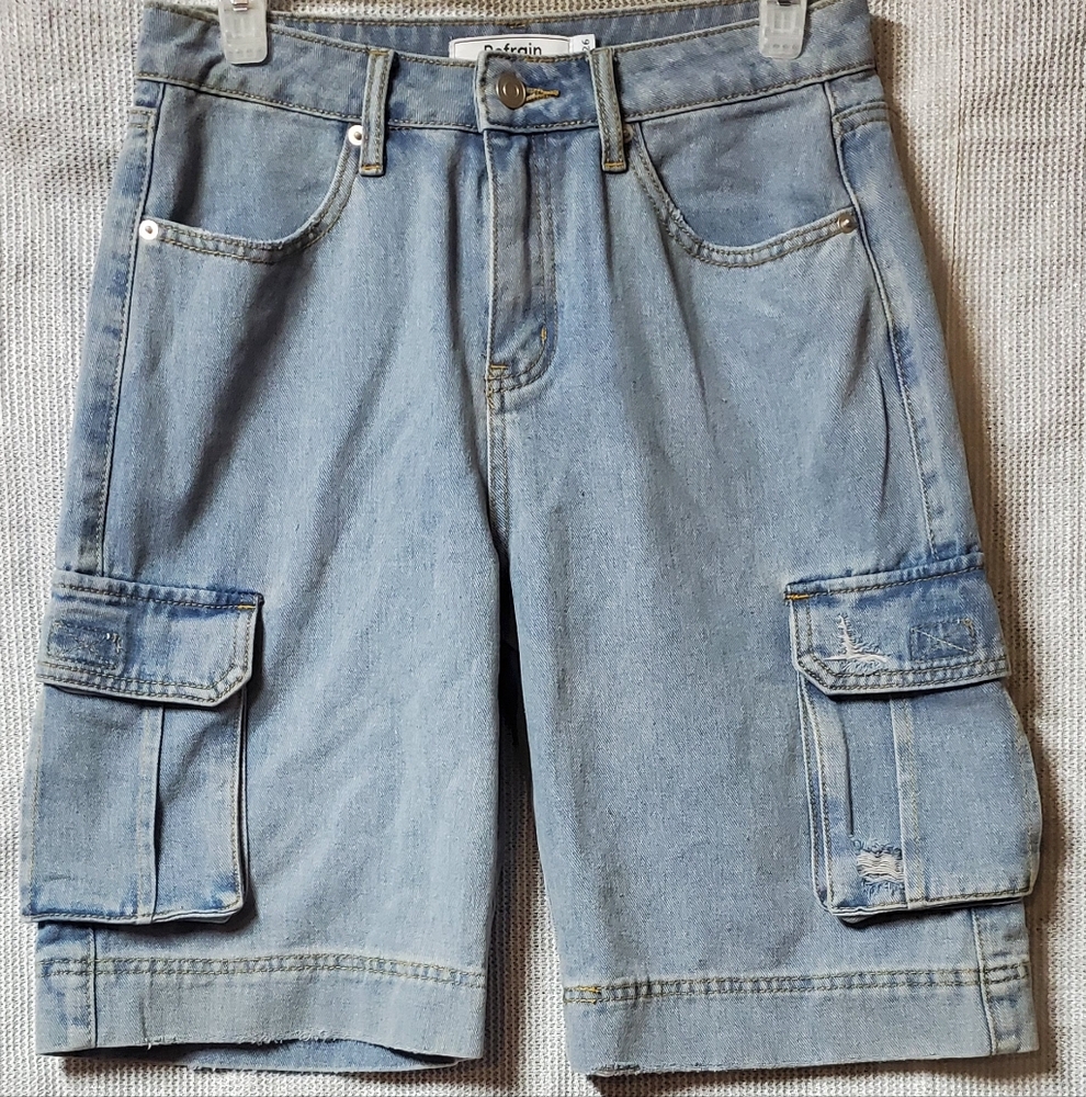 Light Blue Cargo Denim Shorts with Straight Cut